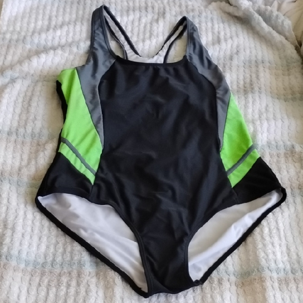 Stylish Black and Green One Piece Swimsuit